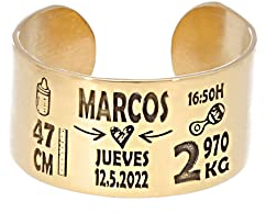 doble aro - Anillo de Plata Personalizado - Anillo Personalizado con Grabado de los datos de Nacimiento de tu Bebé - Regalo Original para Madres - Anillo Nacimiento Oro, Plata de Ley 925/1000