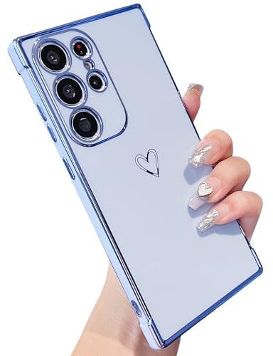 ZTOFERA Compatible with Samsung Galaxy S23 Ultra 5G (6.8) Case for Girls Women, Flexible Silicone Protective Phone Case with Cute Love Heart Pattern Plating Rim Shockproof Bumper Cover, Sierra Blue