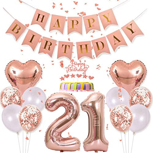 Conruich Deko 21. Geburtstag Frau, Rosegold Tortendeko Geburtstag 21 Jahre Mann, Geburtstagsdeko 21 Jahre, Rosegold Ballon 21 Geburtstags Mädchen, Happy Birthday Banner Deko 21 Geburtstags Frauen