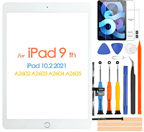 Touchscreen für iPad 9 2021 9th Generation, Digitizer Touchscreen für iPad 10.2 2021 A2602 A2603 A2604 A2605, Front-Touchscreen mit Home-Taste, inklusive Reparaturwerkzeuge (Weiß)
