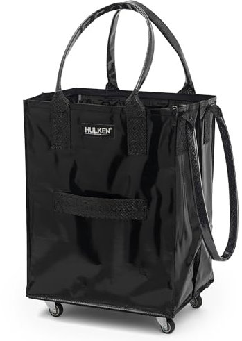 HULKEN - (Medium, Schwarze) Wiederverwendbare Einkaufstasche auf Rädern. Der Einkaufswagen trägt bis zu 30 kg. Der klappbare Einkaufstrolley hat robuste Griffe und Reißverschluss.