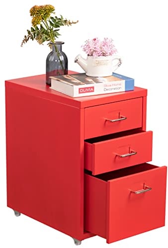 HollyHOME Mobiler Aktenschrank mit 3 Schubladen, rollbarer Aktenordner unter dem Schreibtisch, Aufbewahrungsschrank aus Metall mit Rollen für Zuhause und Büro, Rot