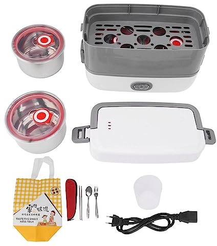 Qcwwy Tragbare, Auslaufsichere, Beheizte Lunchbox, 2 Schichten, Innen aus Edelstahl, für Büroreisen mit One-Touch-Heizung (EU-Stecker)