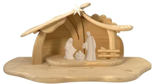 Akantus Leonardo Weihnachtskrippe aus Holz: Heilige Familie mit Stall HL.Nacht groß (13 cm, Natur)