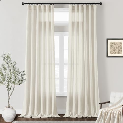 DUKIYO Tende in lino da 330 cm, 2 pannelli, con gancio per cintura, tasca per asta per la privacy, semi velate, extra lunghe, lunghezza 332 cm, per finestre alte e soffitti alti, soggiorno, naturale,