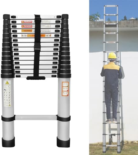4.4M Aluminium Teleskopleiter, Faltbare Mehrzweck Teleskopleiter mit Ein Knopf Einzug, rutschfest, für den Haushalt und Arbeiten im Freien (150kg Belastbarkeit)
