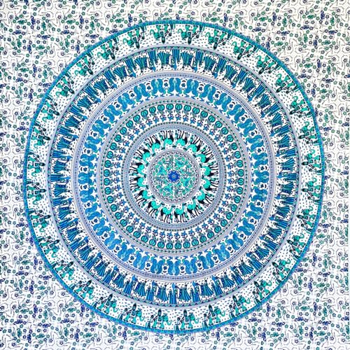 MOMOMUS Wandteppich Mandala - Stoff, Bunt, Orientalische Design- Ideal als Wandtuch Mandala, Wandbehang und Wandteppich Boho- Weiß-Blau, 210x230 cm