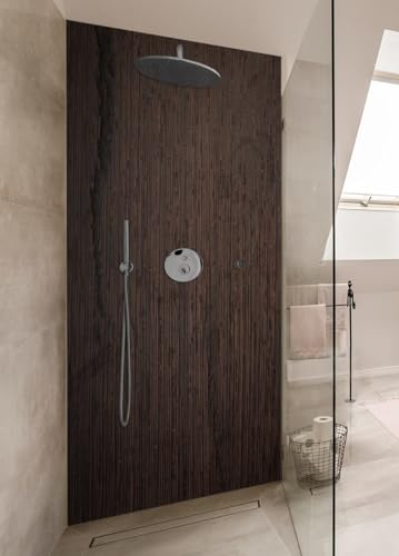 Wallario Selbstklebende Duschrückwand 80 x 180 cm mit Motiv Holz-Optik Textur dunkelbraunes Holz - Wandverkleidung Fließenersatz mit Hochglanzlaminat in Glasoptik