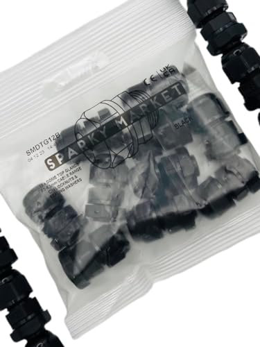 Pack of 10 Black M12 x 1.5 Cable Gland 12mm Compression Stuffing TRS Gland Waterproof 3-6.5mm Locknut and Washer Sparky Market