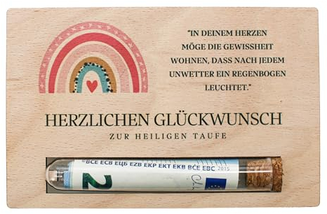 Geldgeschenk zur Taufe - Geschenkkarte aus Holz - Arche, Taufgeschenk Patenkind, Geld verschenken, Taufe Junge Mädchen, Geschenkverpackung Geld Gutschein (Design Regenbogen)