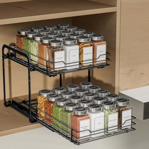 ZDDLOINP Portaspezie Estraibile Per Armadio, 2 Livelli Portaspezie Regolabile in Altezza, Organizer Spezie Cucina, Organizer Sottolavello Cucina, Porta Spezie Per Cucina Salva Spazio P26.4*L23.8*A23CM