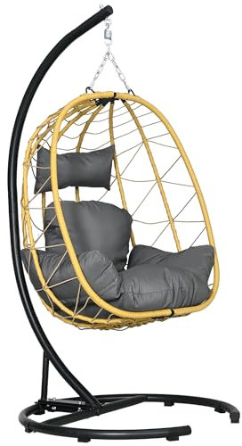 Outsunny Sillón colgante máximo 150 kg con cesta plegable y cojines, sillón balancín de jardín de acero y ratán PE, 102 x 102 x 195 cm, negro, gris y beige