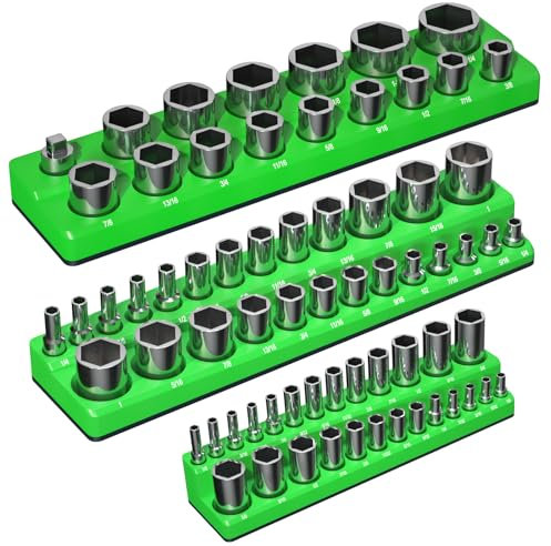 Magnetic Socket Organizer Holder Set – 3-Piece Premium Grade Tool Organizers Including 1/4, 3/8 and 1/2 Drive Socket Holder SAE Socket Trays Green (Sockets are not Included)