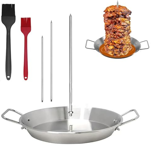 Plaque de cuisson en acier inoxydable avec brochette et 3 pointes amovibles (20,3 cm/25,4 cm/30,5 cm) et brosses, pour tacos Al Pastor, Shawarma Kebabs, fumoir, barbecue (20,3 cm) (25,4 cm)