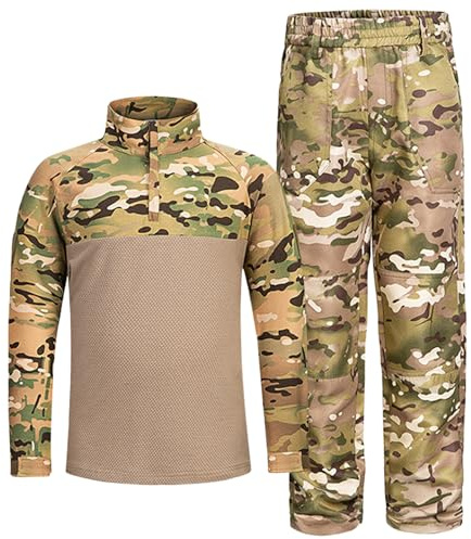 QIYUANT Enfant en Plein Air Ensembles T-Shirt & Pantalon Tactique Camo Été Airsoft Militaire Camouflage Combat Chasse Randonnée Camping pour Garçons Fille Homme Femme (CP/Chemise + Pantalon, 150)