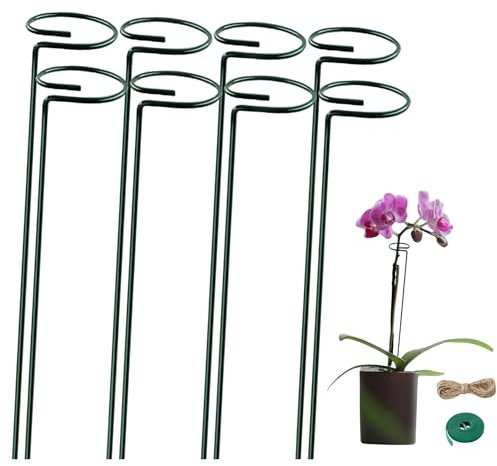 Plant Support Stakes, Garden Single Stem Flower Support Stake Amaryllis Plant Cage Support Rings With 2m Green Tape Jute Rope for Tomato Orchid Lily Peony Rose Flower Stem (40cm/ 8 Pack)