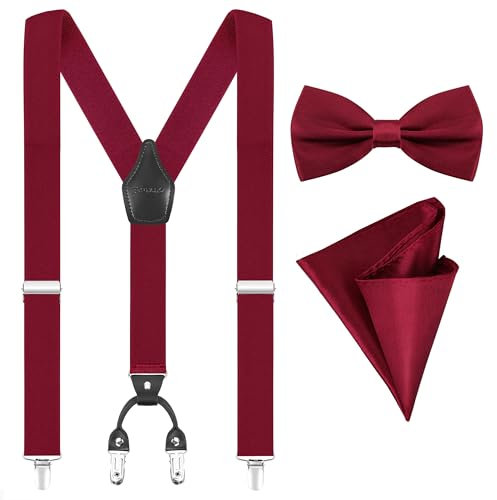 Fevaeno Hosenträger für Herren Breit 3.5cm mit Metal Clips Einstellbar und Elastisch Einheitsgröß Hosenträger Fliege Einsteckuch Set Y-Weinrot
