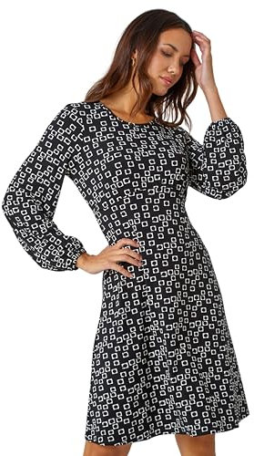 Roman Originals Women Gathered Chest Dress Ladies Stretchy Fit & Flare Swing Tea A Line Skater Knee Length Midi Smart Casual Work Going Out Cocktail Party Gathered - Monochrome - Size 16