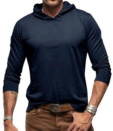 Oanviso Maglietta Manica Lunga con Cappuccio Uomo Leggera Maglia T Shirt Sottogiacca Slim Palestra Bodybuilding Pullover Felpa Tuta Sport Stile Casual Sweat Hoodie Tee Shirt Blu Scuro L