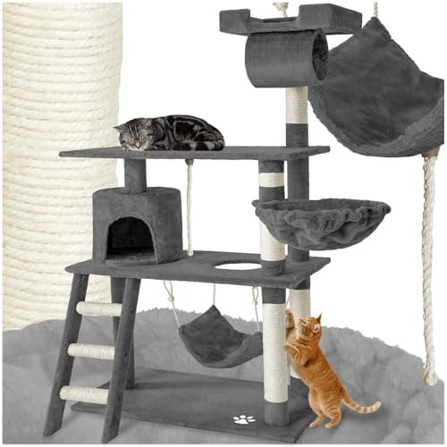 tectake Katzen Kratzbaum, Katzenbaum, Kletterbaum, 141cm hoch, Katzenhaus Indoor mit Hängematte, Höhle, Spielseil und Treppe, Plüsch Sisal, Katzen Kratzmöbel mit Spielzeug, extra breit - grau