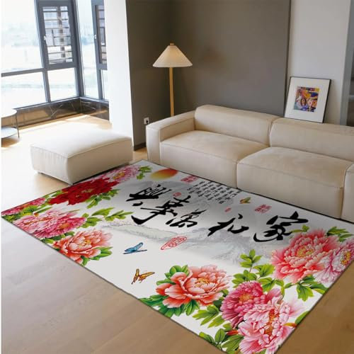 Via Vela Rustikaler Stil Großer Teppich 180x270cm - Rosa Rot Pfingstrose Blume Schmetterling Muster Waschbarer Rutschfester dünner Teppich mit niedrigem Flor für Wohnzimmer Schlafzimmer