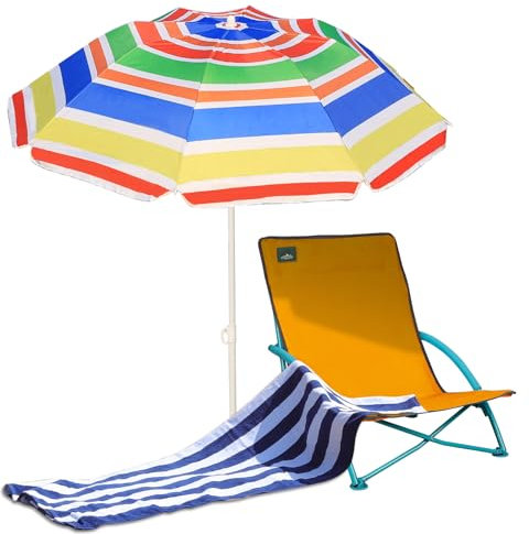 Northroad Strand Klappstuhl 3er Set, mit 1 Regenschirm, Outdoor Niedriger Sitz Campingstuhl, Strandtuch für Sand Camping Reisen Outdoor Pool, Orange