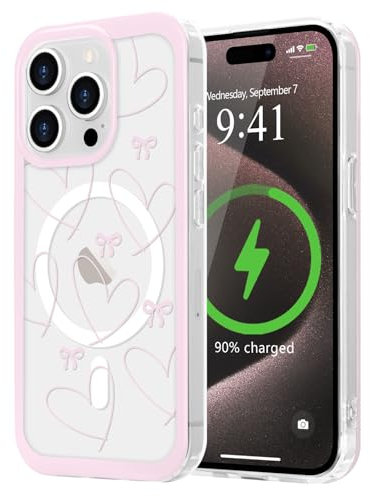 LCHULLE for iPhone 15 Pro Case[Compatible with MagSafe],Cute Pink Bows Clear Ribbon Bowknot Pattern Magnetic Phone Case for Women Girls,Shockproof Hard Back Cover for iPhone 15 Pro,Hollow Heart