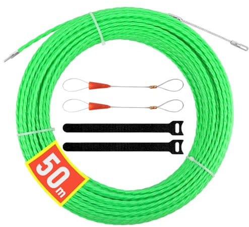 Aiguille Electricien 50M, RISVOWO Tire Fils Electrique, Tire Cable avec 2 Tête Flexible de Guidage et 2 sangles, Aiguille Passe Cable, Enfileur Fils électrique pour la Pose de Chemins de Câbles(Vert)