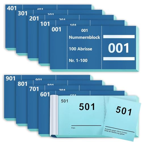 10 Stück Nummernblöcke 1000 Bons Garderobenmarken Blau Lose Tombola Nummerierte Blöcke Essensmarken für Veranstaltungen Messen Partys Verlosungen