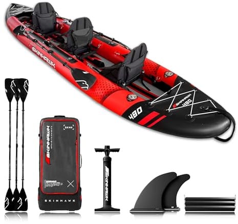 SKINHAWK Exclusiv Rot Kajak Set 480 – Schlauchboot – Kanu - 480 x 96 cm - 3 Personen Kajak