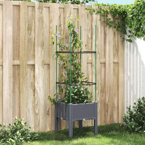 Fasba Pflanzkübel mit Rankgitter, Blumenkübel mit Rattan-Optik, Blumenkasten für Terrasse Garten, Gartenspalier Pflanzkasten, Grau PP 40 x 40 x 142,5 cm