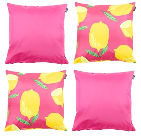 Bean Bag Bazaar Outdoor Cushions Filled, Fruity Collection, Lemon and Pink Mix, Set of 4, 43cm x 43cm, Water Resistant, Outdoor Cushions for Garden Furniture, Garden, Patio