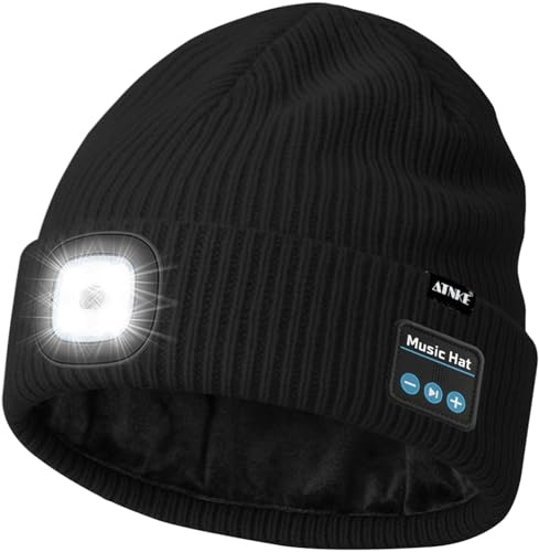 ATNKE LED Bluetooth Cappello con Luce,USB Ricaricabile 4 LED Senza Fili Musicale Altoparlante Corsa Cappello Invernale Calda Maglia Berretto con Pile Foderato Regali per Uomo e Donna/Black