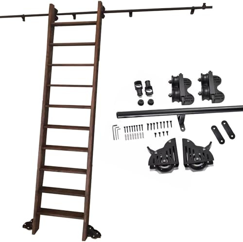 XWJOYW Kit de herrajes para Escalera de Biblioteca con Ruedas de Tubo Redondo Negro, riel Deslizante de 100-600 cm, Kit de riel móvil con Rodillo de Piso y Freno (Kit de riel de 100 cm)