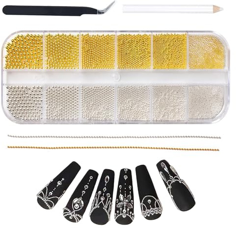 Caviar Beads for Nail Art with Gold & Silver Nail Beads, 2 Chains, Tweezers and Picker – 5680Pcs in 6 Sizes for DIY Manicure, Jewelry Decoration, Nail Accessories