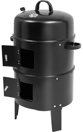 JAYEUW Fumoir 3 en 1 - Barbecue au charbon de bois avec couvercle pour griller, fumer - Fût de fumage avec thermomètre et amortisseur réglable de 40 cm de diamètre - Noir