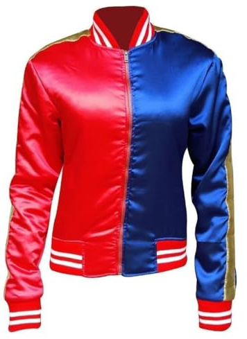 Hamishkane Halloween-Kostüm für Damen, langärmelig, rote und blaue Jacke, Faschingskostüme, Satin, Bomberjacke für Damen, mit Joker-Aufdruck auf der Rückseite