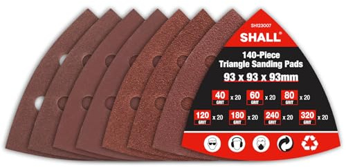 SHALL 140-Piece Triangle Sanding Pads,93 x 93 x 93 mm,6-Holes triangular sandpaper, 7 Grits: 40/60/80/120/180/240/320，Hook and Loop Triangle Sanding Pads