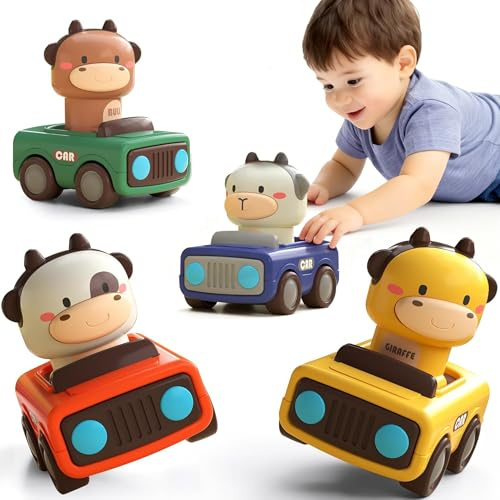 Neuytiky Auto Spielzeug ab 1 Jahre,4 Stück Press-and-Go Spielzeugautos für Kinder,Baby Cartoon Aufziehautos, Tierautospielzeug für Kleinkinder,Push-Go-Reibungsauto Sets für Jungen Mädchen Geschenke
