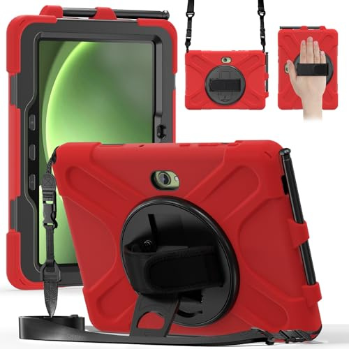 FONREST Crossbody Rugged Case for Samsung Galaxy Tab Active 5 Pro(SM-T350/T356B)/4 Pro 10.1 Inch with S Pen Holder Swivel Kickstand Hand Grip Shoulder Strap, Heavy Duty Shock-proof Armor Cover (Red)