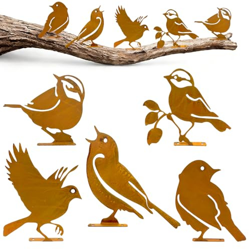 Coco Berming Lot de 5 Oiseaux Décoratifs en Métal Rouillé avec Vis, Décoration Jardin Extérieur pour Arbre, Tronc & Clôture, Sculptures Animales Aspect Rouille pour Terrasse et Patio (Style A)