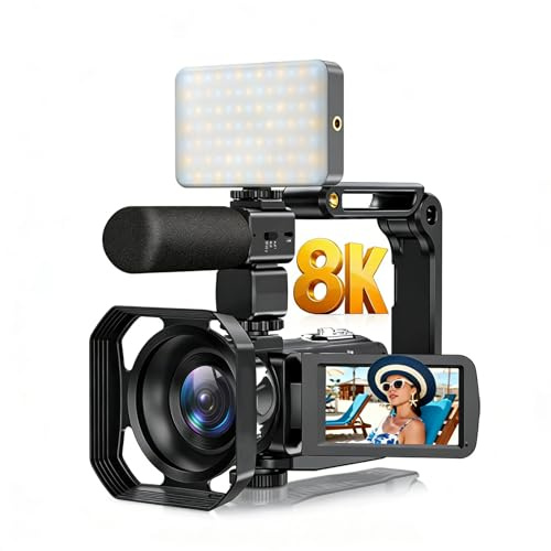 Plyisty Caméscope Vidéo 8K, Photo 64 MP et Zoom 18x, écran Tactile Rotatif 3 avec Carte 32 Go, Vision Nocturne Infrarouge, WiFi, Mode Webcam, Télécommande pour Vlogging