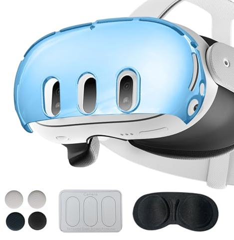Wigento Schutzgehäuse für Meta Quest 3 Schutzhülle Set 7in1 Transparent Blau