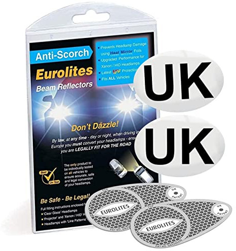 Eurolites Headlamp Beam Deflectors Adaptors Converters & Netagon Self Adhesive UK Plate for Driving in Europe - Legal Requirement for Travel (Eurolites Beam Deflectors with 2 UK Stickers)