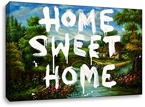 Wandbild von Banksy - Home Sweet Home - Banksy Graffiti - Leinwandbild auf Keilrahmen Pop Art Gemälde Kunstdruck Wandbild Leinwand Zimmerbild Flurbild Wohnzimmerbild (60x40cm)