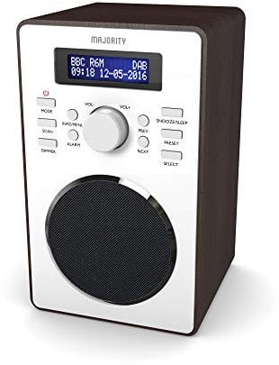 DAB/DAB+ Digital Radio | Solid Wood Cabinet | Kitchen & Bedside FM Radio with 20 Presets, Dual Alarm & Snooze Function | LED Display & 3.5mm Jack | MAJORITY Barton (Walnut)