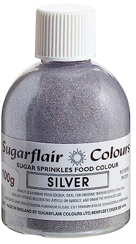 Sugarflair Silver Edible Glitter Sugar Sprinkles - for Cake Decorating, Sprinkle on Cakes, Cupcakes Treats, Desserts Ice Cream and Deserts - 100g