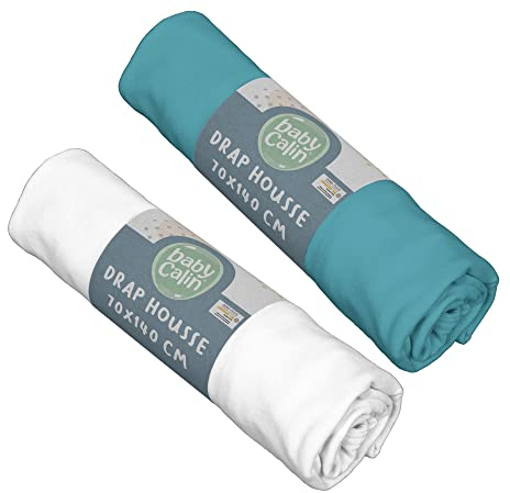 BabyCalin - 2er Set Spannbettlaken Tropisches Blau/Weiß 70x140x17cm
