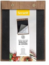 SECURIT - Porte menu format A5 type Clipboard en bois de noyer et simili cuir - Présentation menu restaurant
