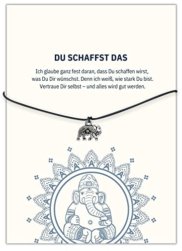 Glücksschmiedin – Mutmacher Geschenk – Kraft Armband mit Elefant-Anhänger & Spruchkarte „Du schaffst das“ – Glücksbringer für Motivation & Stärke – Handgefertigt in Deutschland (Schwarz)